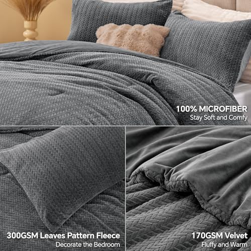 Bộ chăn ga gối đệm nhung và nỉ dệt kim có thể đảo ngược – Bộ chăn ga gối 3 mảnh họa tiết lá 3D