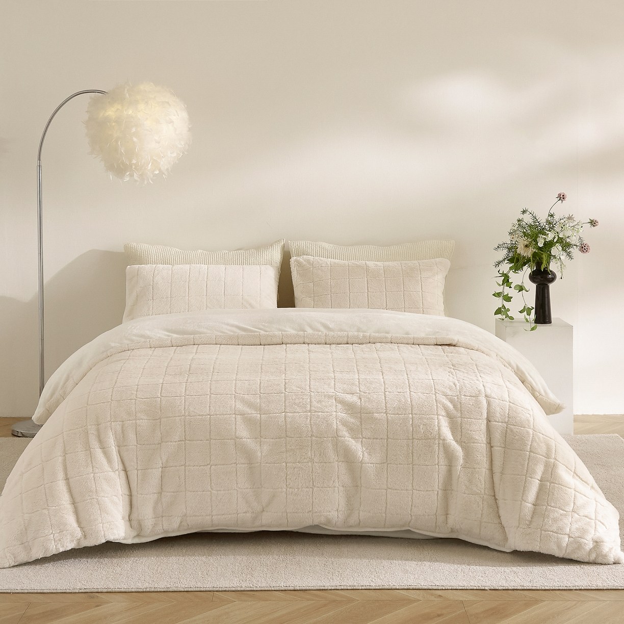 Bộ Chăn Ga Gối Nhung Sữa & Lông Thỏ Giả Ca Rô – Bộ Chăn Ga Gối Jacquard 3 Chiếc Mềm Mại